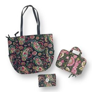 Vera Bradley Navy Paisley Tote with Pink & Green Accents - 3-Piece Set